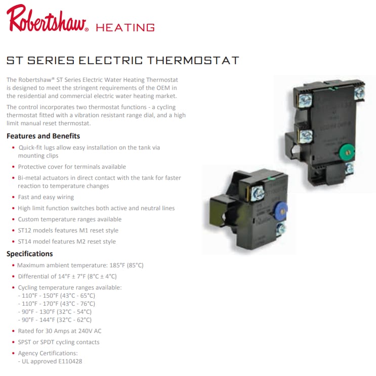 ROBERTSHAW ST12-80K THERMOSTAT - HOT WATER / SINGLE 60-80 OTC 88 ST1205133 Thermostat